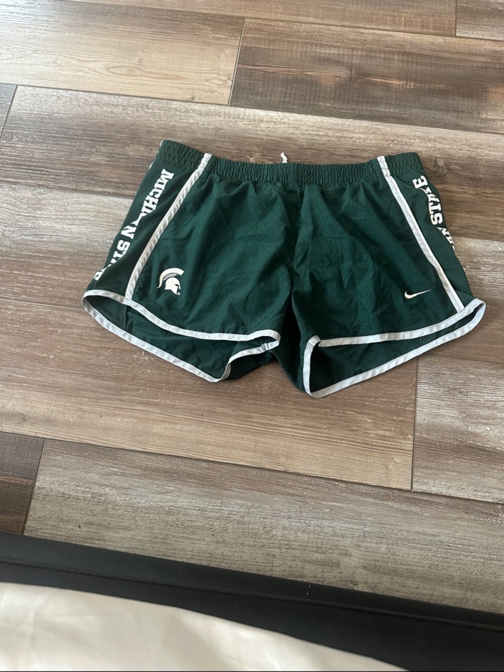 Nike Green Athletic Shorts with White Trim and Spartan Logo